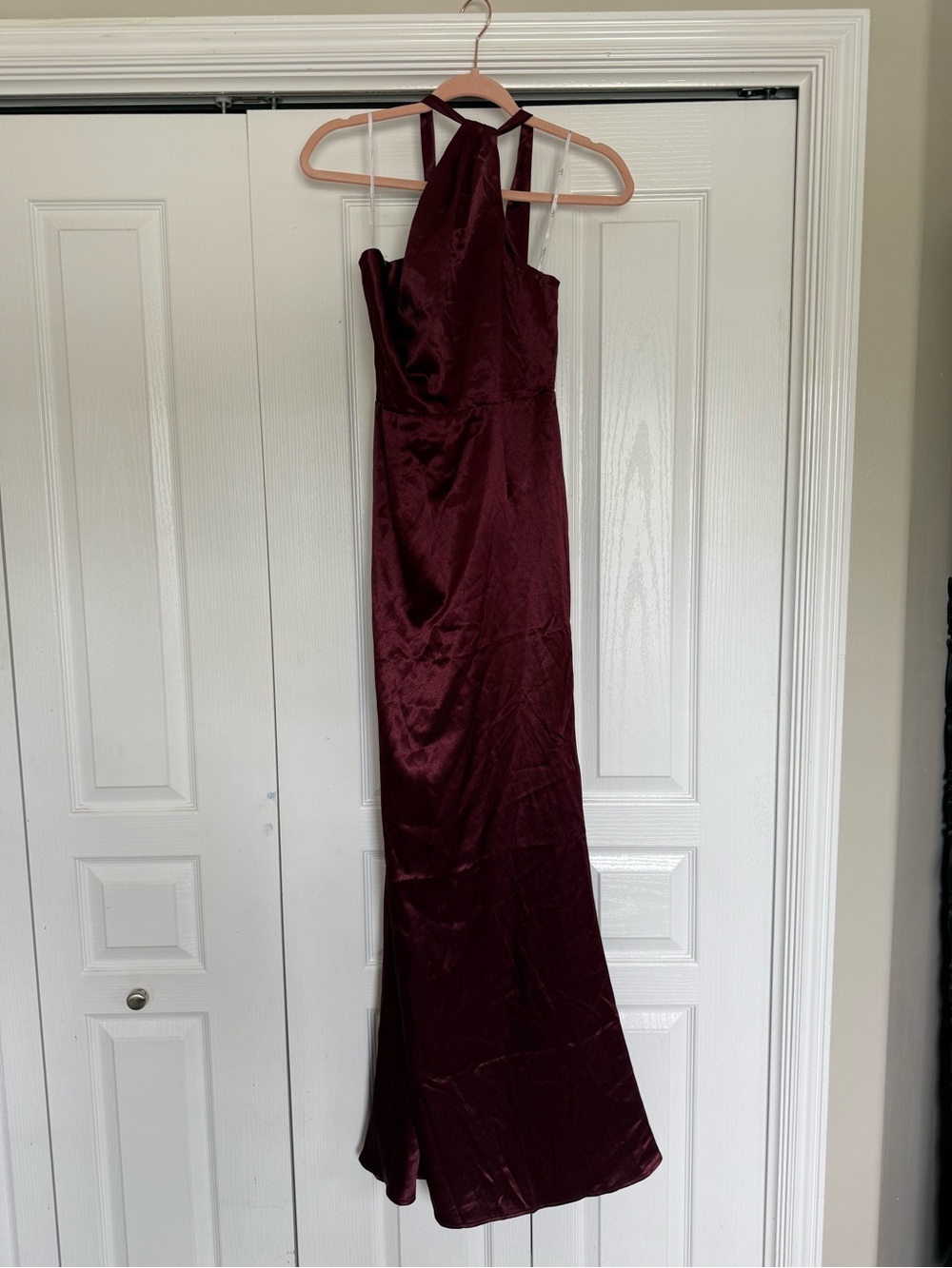 Lulu's Halter Satin Prom Gown in Burgundy